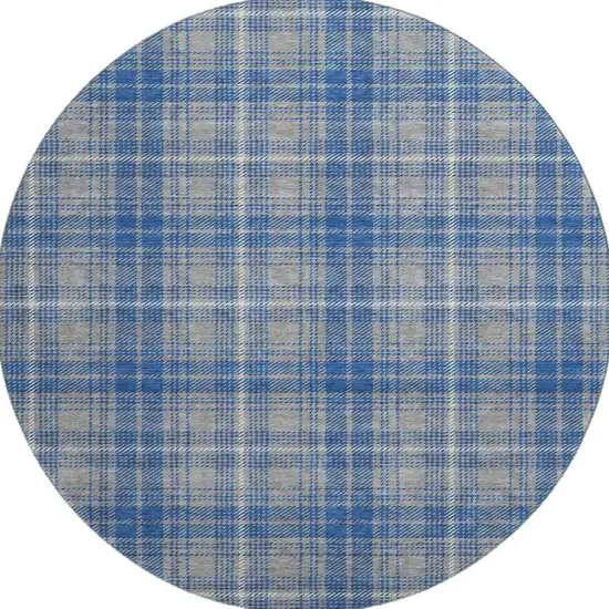 8' Gray Blue And Ivory Plaid Washable Round Rug With UV Protection Photo 3