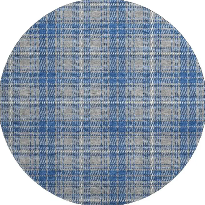 8' Gray Blue And Ivory Plaid Washable Round Rug With UV Protection Photo 3