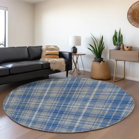 8' Gray Blue And Ivory Plaid Washable Round Rug With UV Protection Photo 4