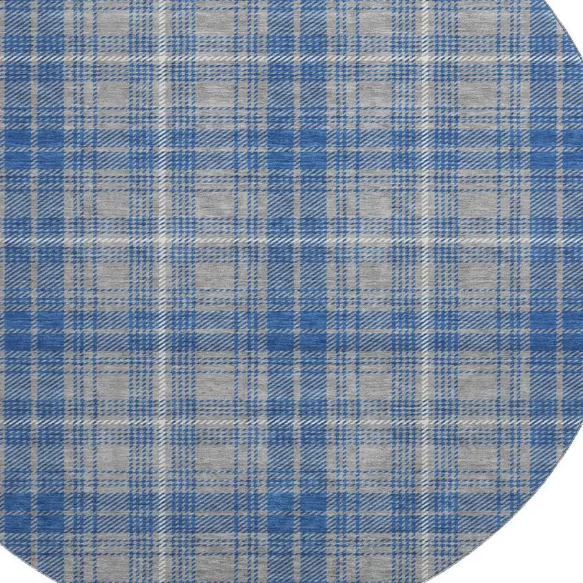 8' Gray Blue And Ivory Plaid Washable Round Rug With UV Protection Photo 2