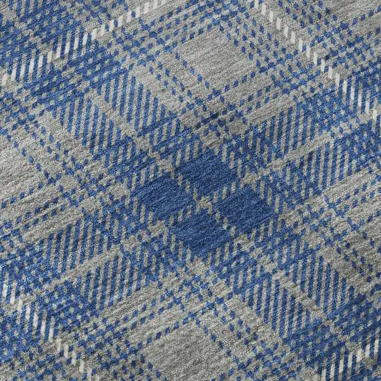 8' Gray Blue And Ivory Plaid Washable Round Rug With UV Protection Photo 8