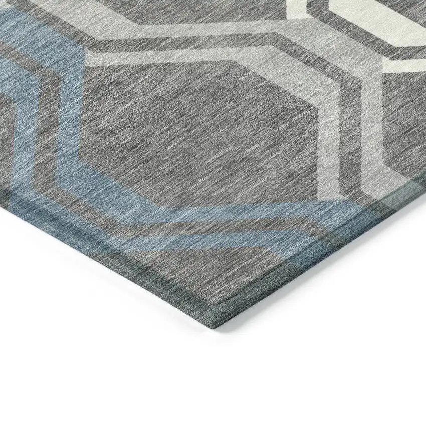 8' Gray Blue And Ivory Round Geometric Washable Indoor Outdoor Area Rug Photo 6