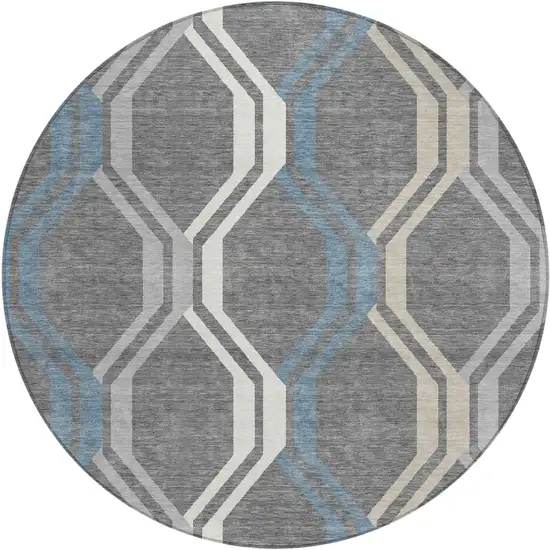8' Gray Blue And Ivory Round Geometric Washable Indoor Outdoor Area Rug Photo 2