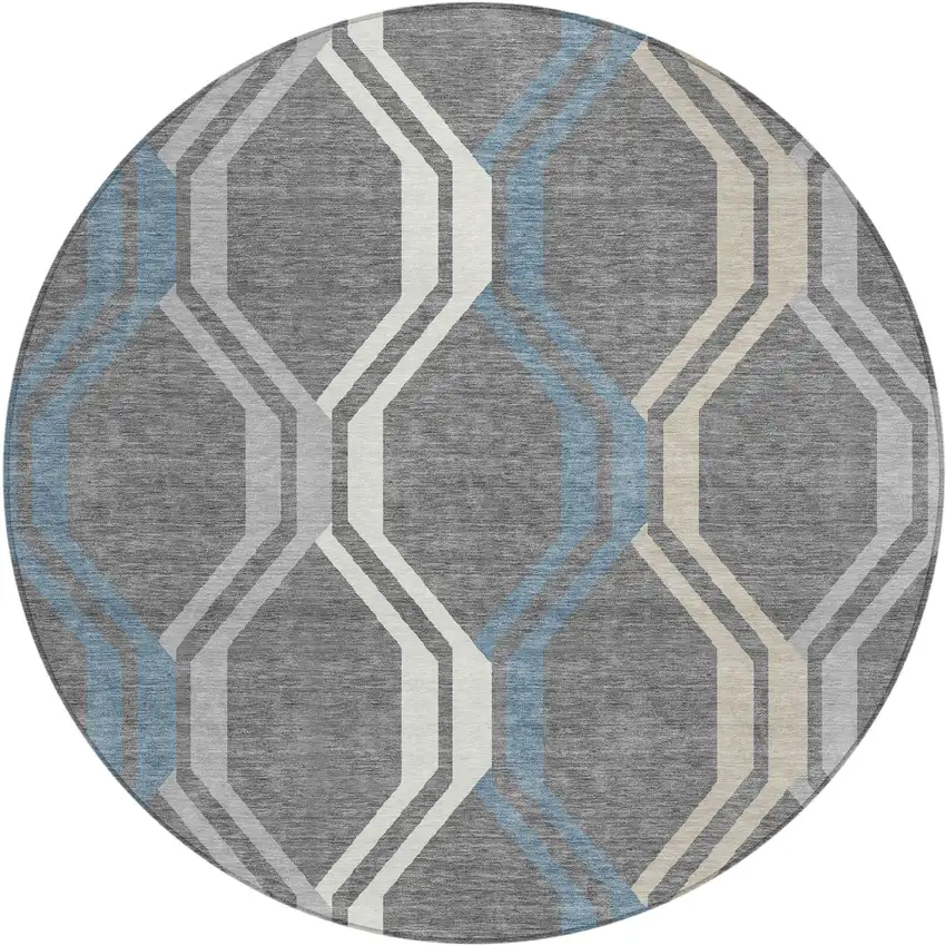 8' Gray Blue And Ivory Round Geometric Washable Indoor Outdoor Area Rug Photo 2