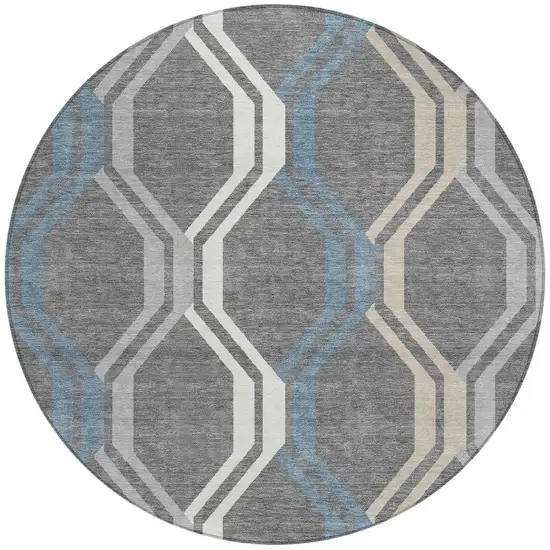 8' Gray Blue And Ivory Round Geometric Washable Indoor Outdoor Area Rug Photo 4