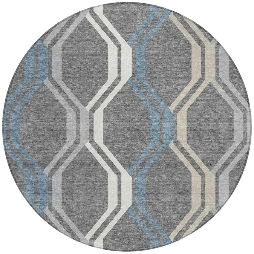 8' Gray Blue And Ivory Round Geometric Washable Indoor Outdoor Area Rug Photo 4