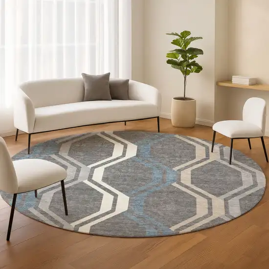 8' Gray Blue And Ivory Round Geometric Washable Indoor Outdoor Area Rug Photo 9