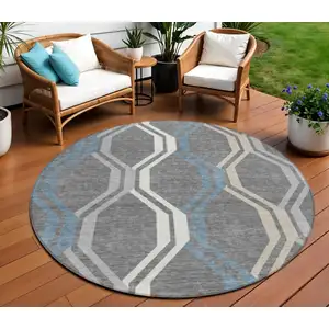 Photo of 8' Gray Blue And Ivory Round Geometric Washable Indoor Outdoor Area Rug