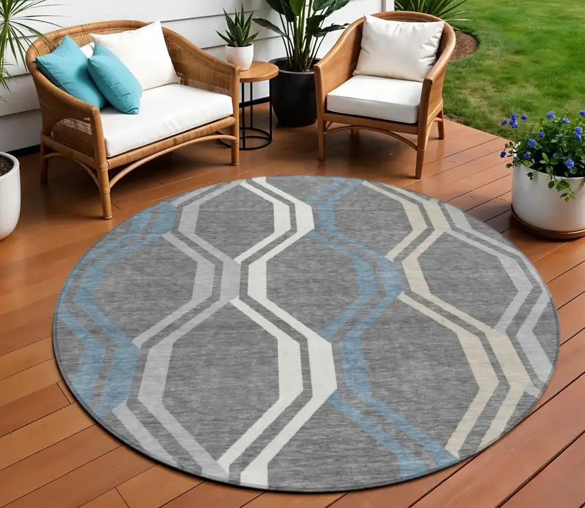 8' Gray Blue And Ivory Round Geometric Washable Indoor Outdoor Area Rug Photo 1