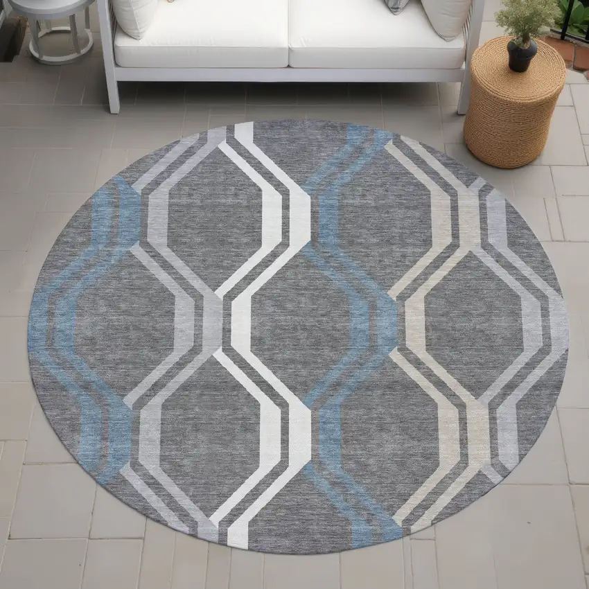 8' Gray Blue And Ivory Round Geometric Washable Indoor Outdoor Area Rug Photo 8