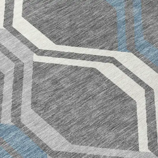 8' Gray Blue And Ivory Round Geometric Washable Indoor Outdoor Area Rug Photo 7