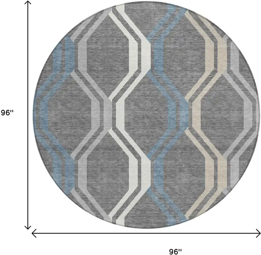 8' Gray Blue And Ivory Round Geometric Washable Indoor Outdoor Area Rug Photo 3