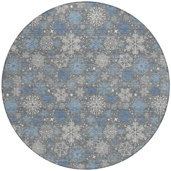 8' Gray Blue And Ivory Round Snowflake Washable Indoor Outdoor Area Rug Photo 3