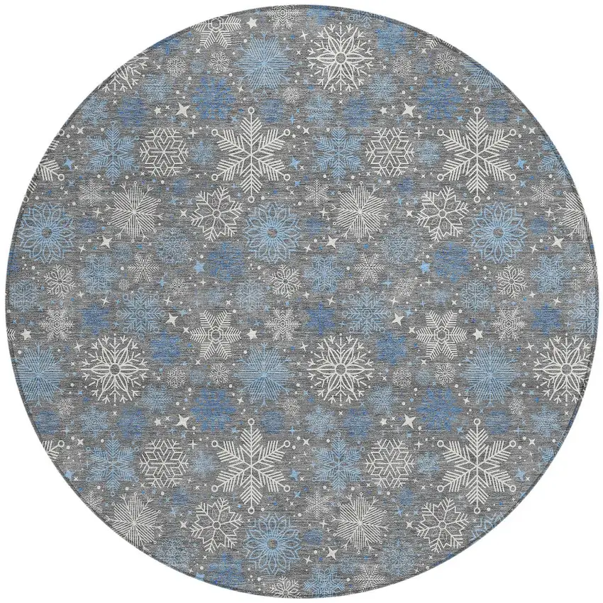8' Gray Blue And Ivory Round Snowflake Washable Indoor Outdoor Area Rug Photo 3