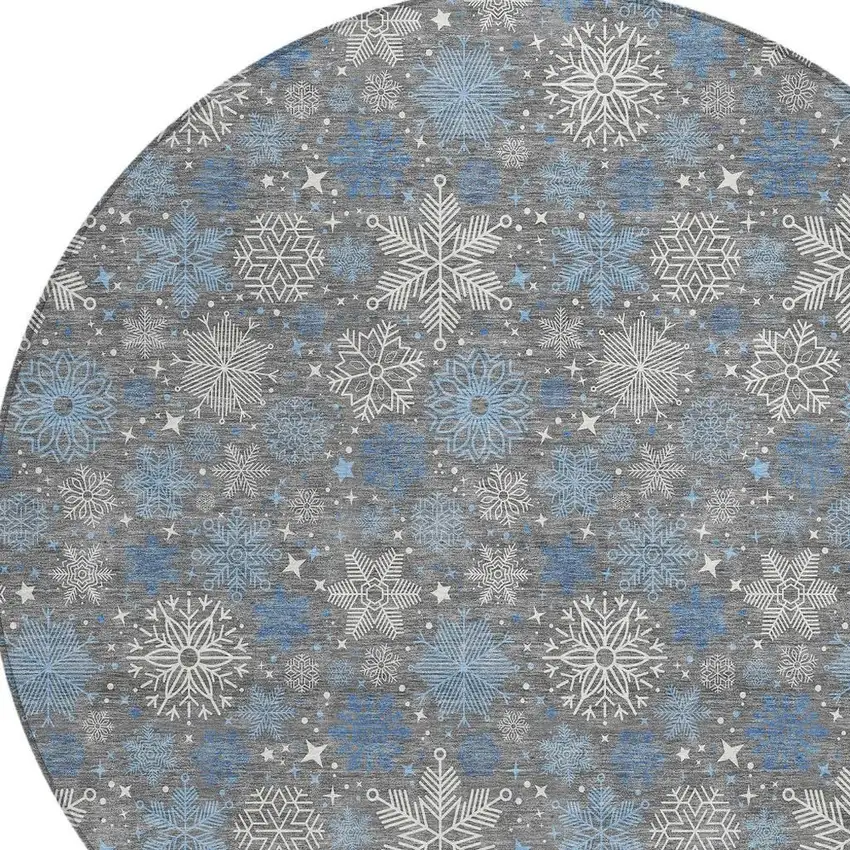 8' Gray Blue And Ivory Round Snowflake Washable Indoor Outdoor Area Rug Photo 4