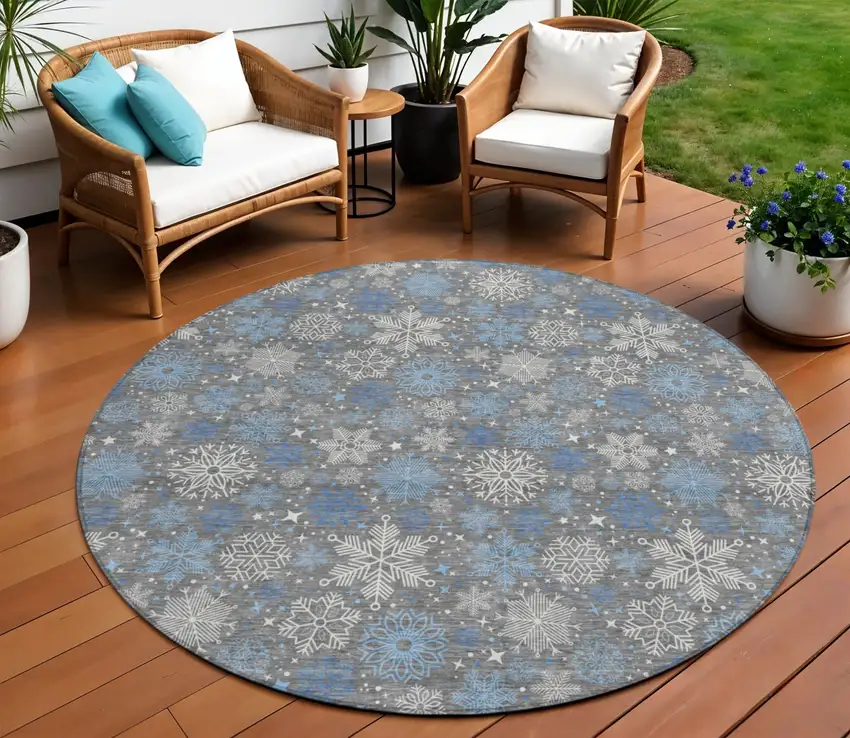 8' Gray Blue And Ivory Round Snowflake Washable Indoor Outdoor Area Rug Photo 1