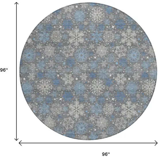 8' Gray Blue And Ivory Round Snowflake Washable Indoor Outdoor Area Rug Photo 9