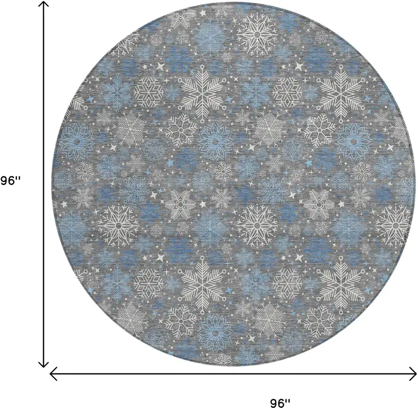 8' Gray Blue And Ivory Round Snowflake Washable Indoor Outdoor Area Rug Photo 9