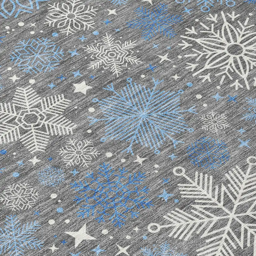 8' Gray Blue And Ivory Round Snowflake Washable Indoor Outdoor Area Rug Photo 9