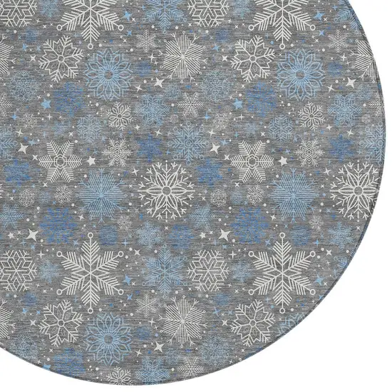 8' Gray Blue And Ivory Round Snowflake Washable Indoor Outdoor Area Rug Photo 8