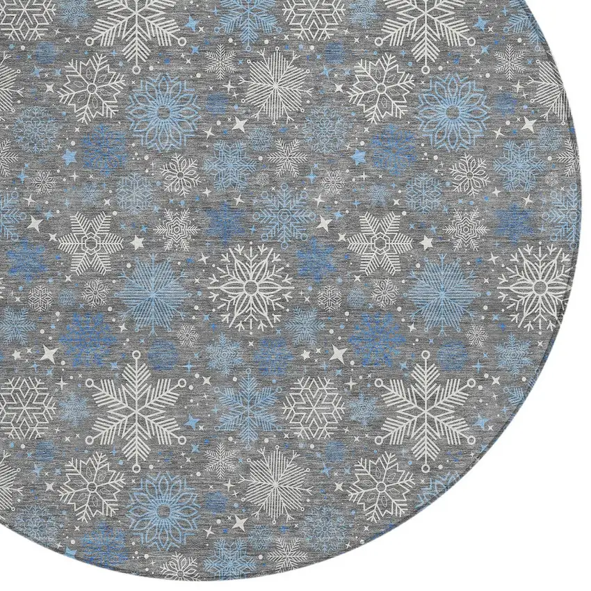 8' Gray Blue And Ivory Round Snowflake Washable Indoor Outdoor Area Rug Photo 8