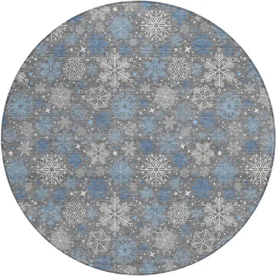 8' Gray Blue And Ivory Round Snowflake Washable Indoor Outdoor Area Rug Photo 2
