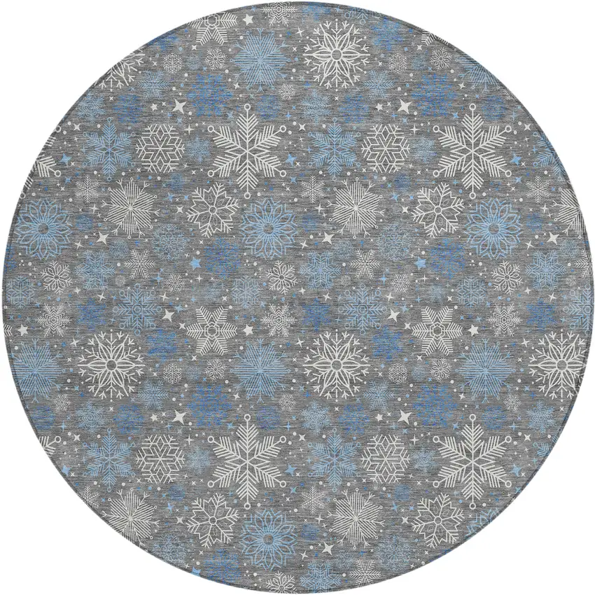 8' Gray Blue And Ivory Round Snowflake Washable Indoor Outdoor Area Rug Photo 2