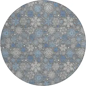 Photo of 8' Gray Blue And Ivory Round Medallion Washable Indoor Outdoor Area Rug
