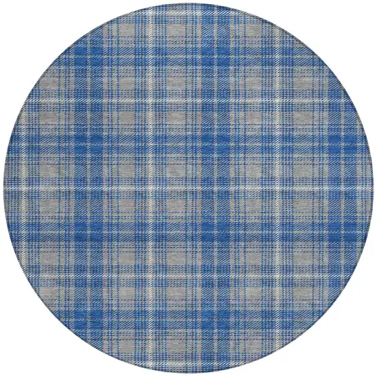 8' Gray Blue And Ivory Round Plaid Washable Indoor Outdoor Area Rug Photo 5