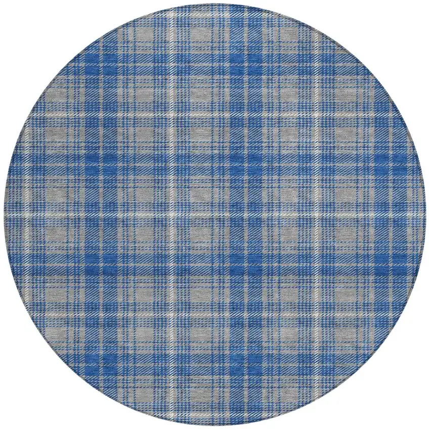 8' Gray Blue And Ivory Round Plaid Washable Indoor Outdoor Area Rug Photo 5