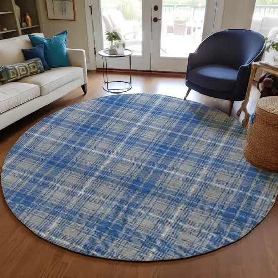 8' Gray Blue And Ivory Round Plaid Washable Indoor Outdoor Area Rug Photo 7