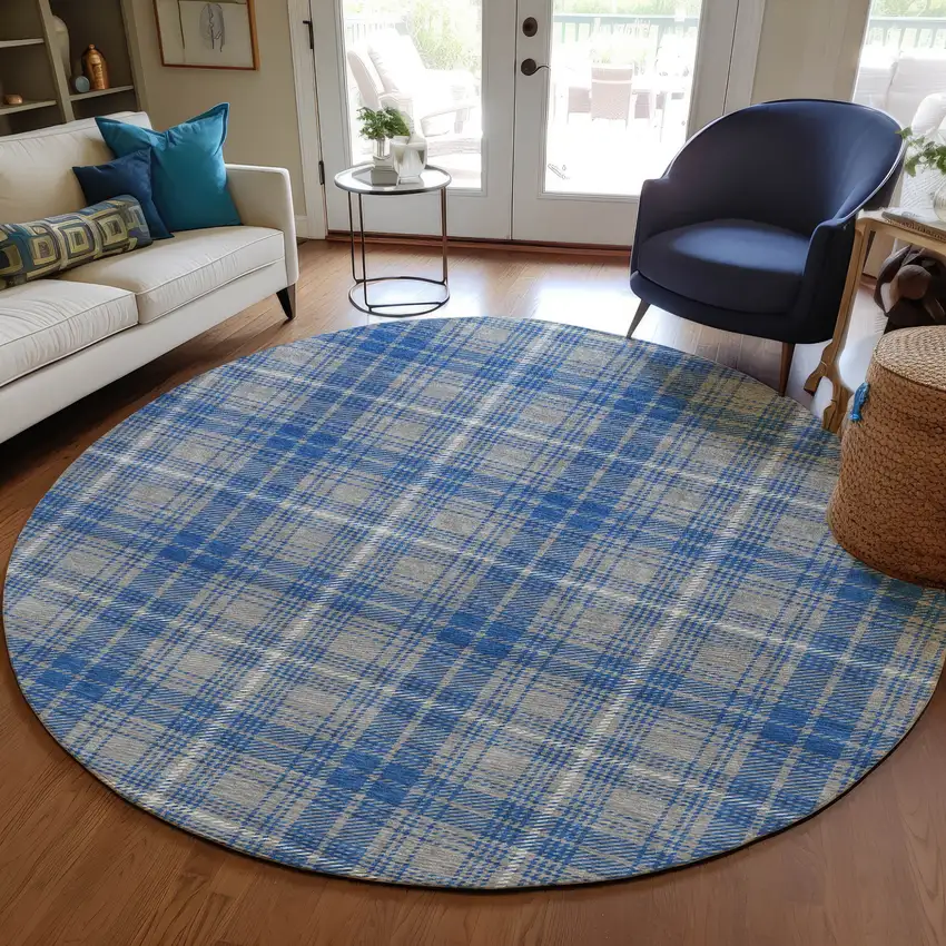 8' Gray Blue And Ivory Round Plaid Washable Indoor Outdoor Area Rug Photo 7