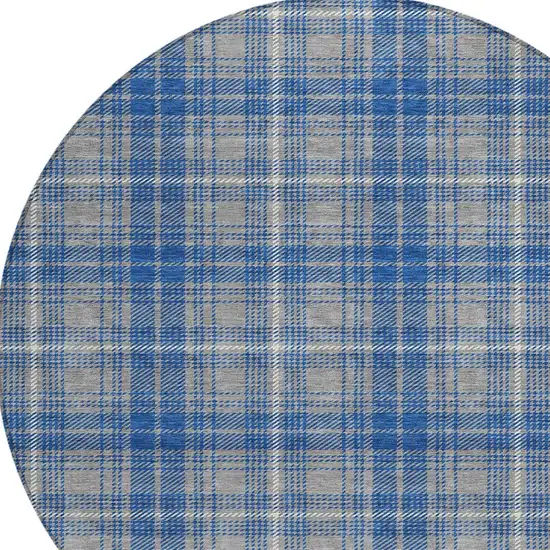 8' Gray Blue And Ivory Round Plaid Washable Indoor Outdoor Area Rug Photo 4