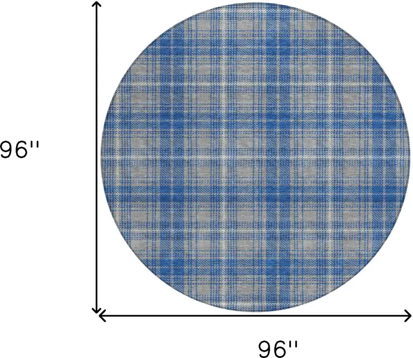 8' Gray Blue And Ivory Round Plaid Washable Indoor Outdoor Area Rug Photo 3