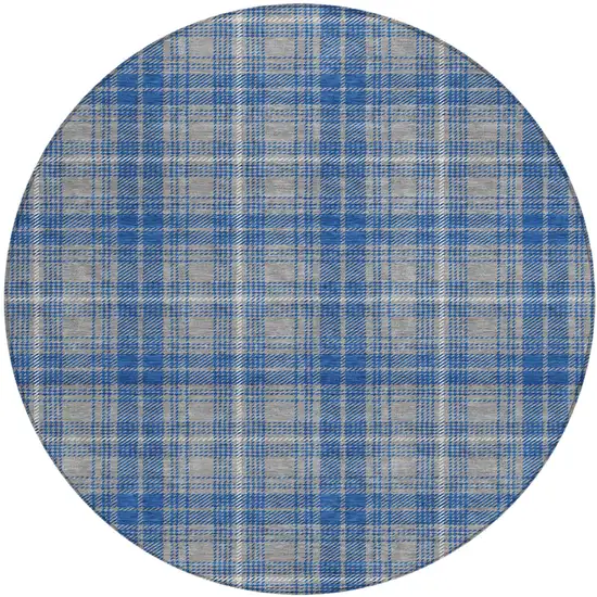 8' Gray Blue And Ivory Round Plaid Washable Indoor Outdoor Area Rug Photo 2