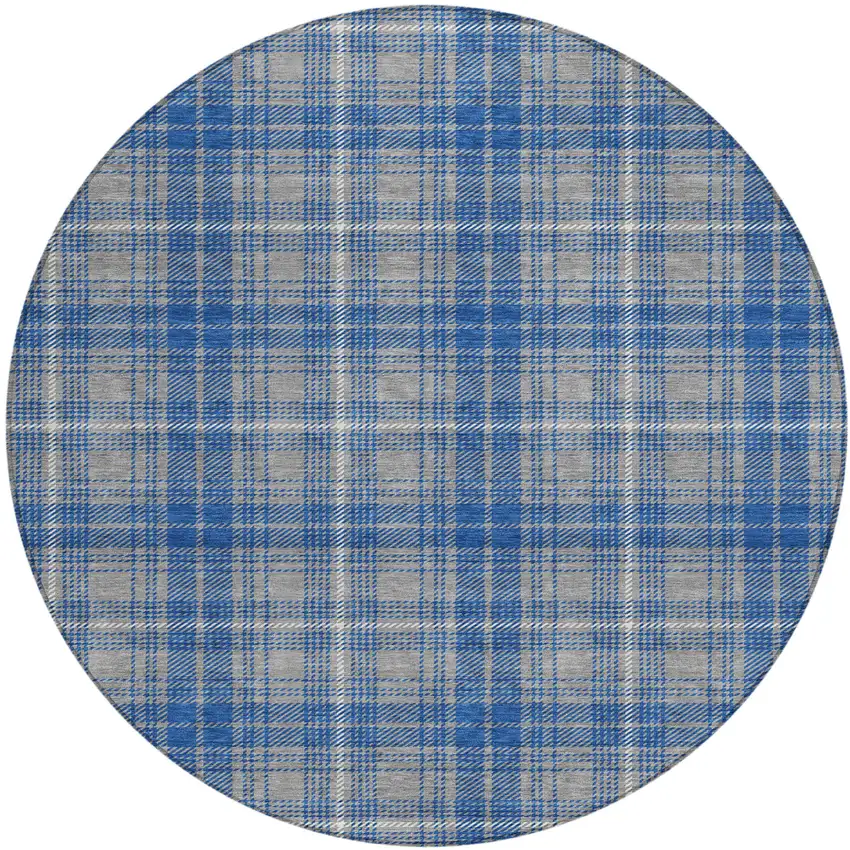 8' Gray Blue And Ivory Round Plaid Washable Indoor Outdoor Area Rug Photo 2