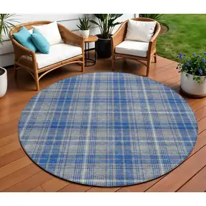 Photo of 8' Gray Blue And Ivory Round Plaid Washable Indoor Outdoor Area Rug