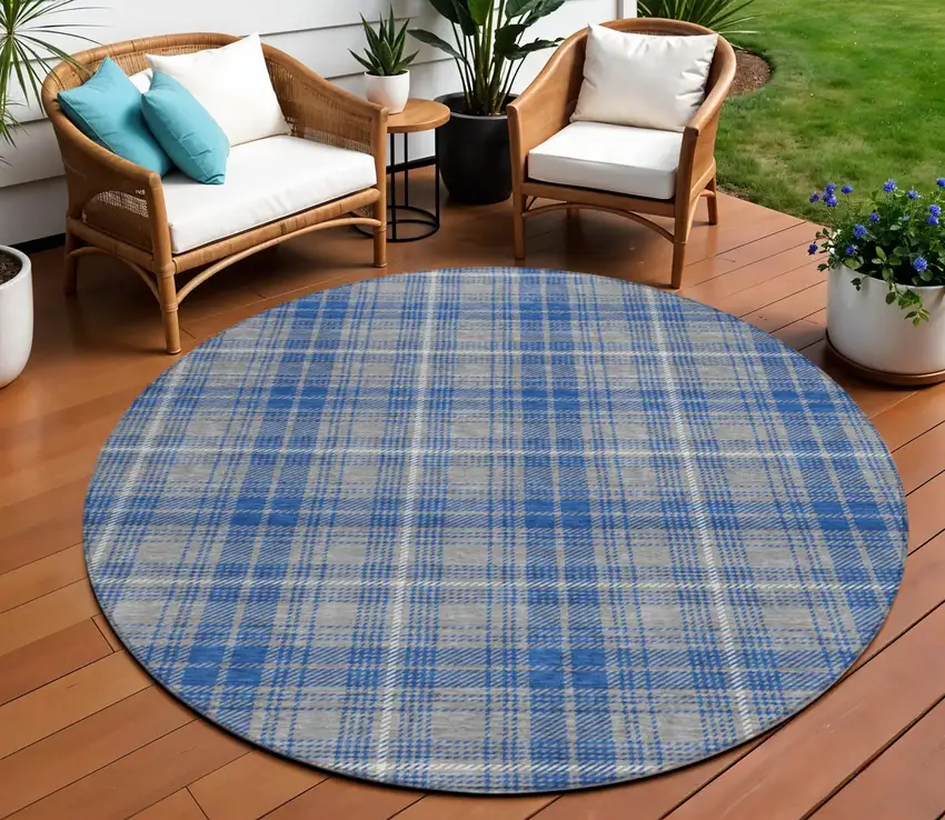8' Gray Blue And Ivory Round Plaid Washable Indoor Outdoor Area Rug Photo 1