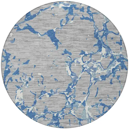 8' Gray Blue And Ivory Round Striped Washable Indoor Outdoor Area Rug Photo 4