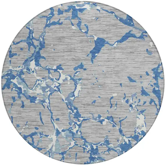 8' Gray Blue And Ivory Round Striped Washable Indoor Outdoor Area Rug Photo 2