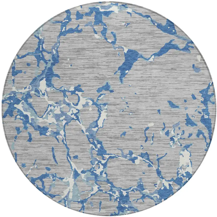 8' Gray Blue And Ivory Round Striped Washable Indoor Outdoor Area Rug Photo 2