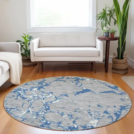 8' Gray Blue And Ivory Round Striped Washable Indoor Outdoor Area Rug Photo 9