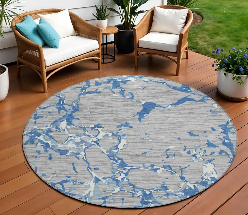 8' Gray Blue And Ivory Round Striped Washable Indoor Outdoor Area Rug Photo 1