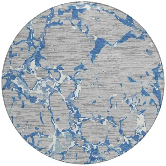 8' Gray Blue And Ivory Round Striped Washable Indoor Outdoor Area Rug Photo 3