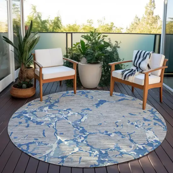 8' Gray Blue And Ivory Round Striped Washable Indoor Outdoor Area Rug Photo 8