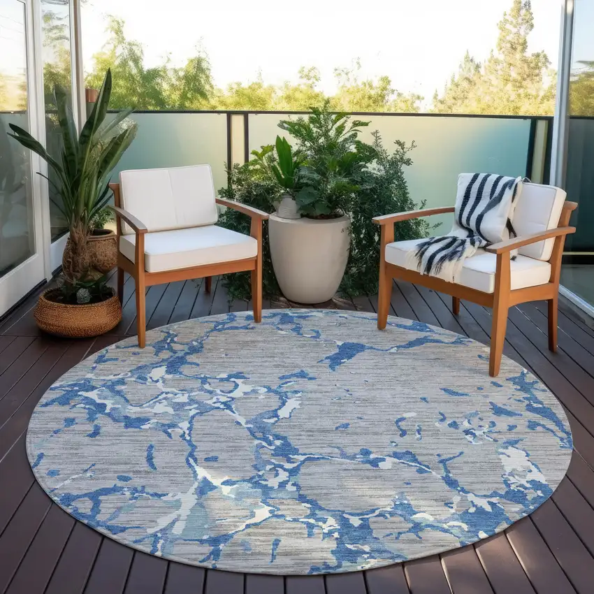 8' Gray Blue And Ivory Round Striped Washable Indoor Outdoor Area Rug Photo 8