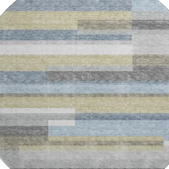 8' Gray Blue And Ivory Striped Washable Round Rug With UV Protection Photo 3