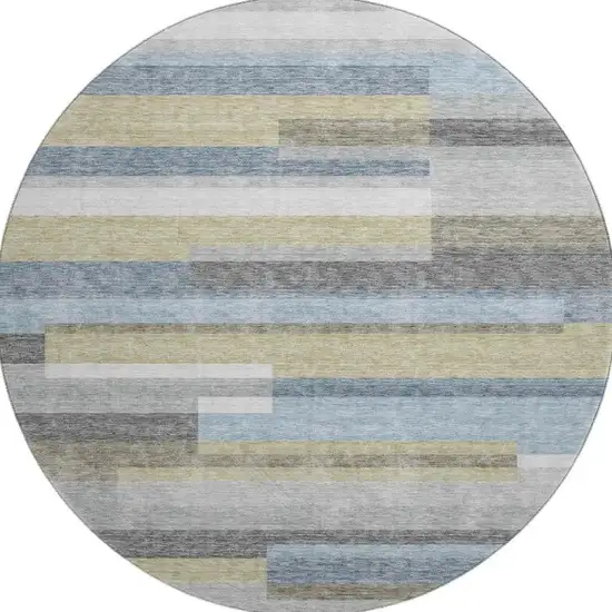 8' Gray Blue And Ivory Striped Washable Round Rug With UV Protection Photo 4