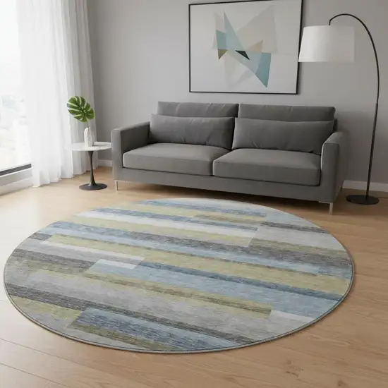 8' Gray Blue And Ivory Striped Washable Round Rug With UV Protection Photo 2