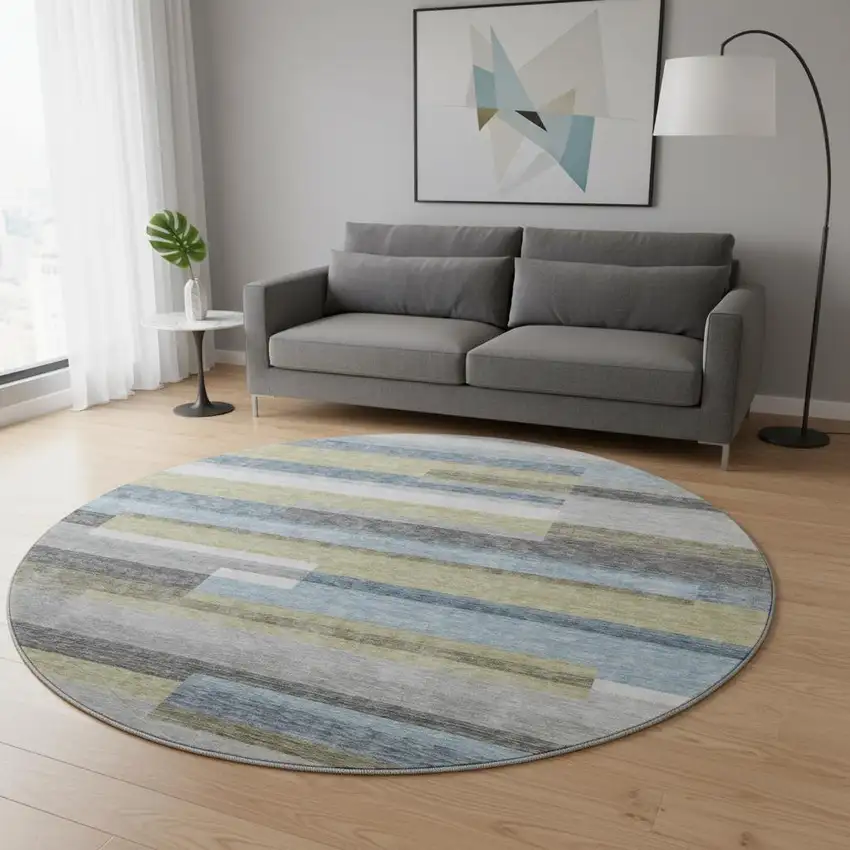 8' Gray Blue And Ivory Striped Washable Round Rug With UV Protection Photo 2
